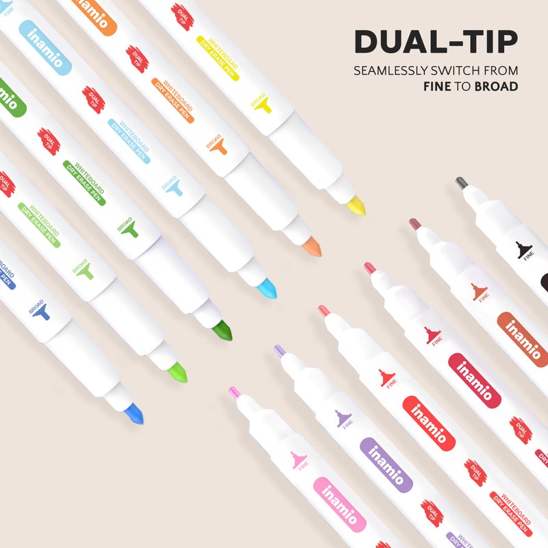 inamio Dry Erase Markers for Whiteboard â€“ Ultra Fine Tip White Board Markers â€“ Dual Tip, Pastel Colors - Fine Point Erasable Markers - 12 Set - Image 3
